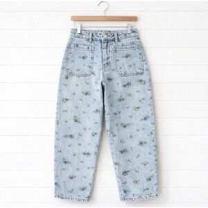 Avec Les Filles Floral Embroidered Barrel Jeans Patch Pocket High Waist 25 x 26